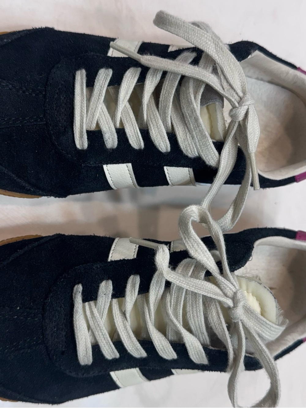 Gola Black Suede Sneakers with White Stripes and Pink Heel Tab - Picture 2 of 5